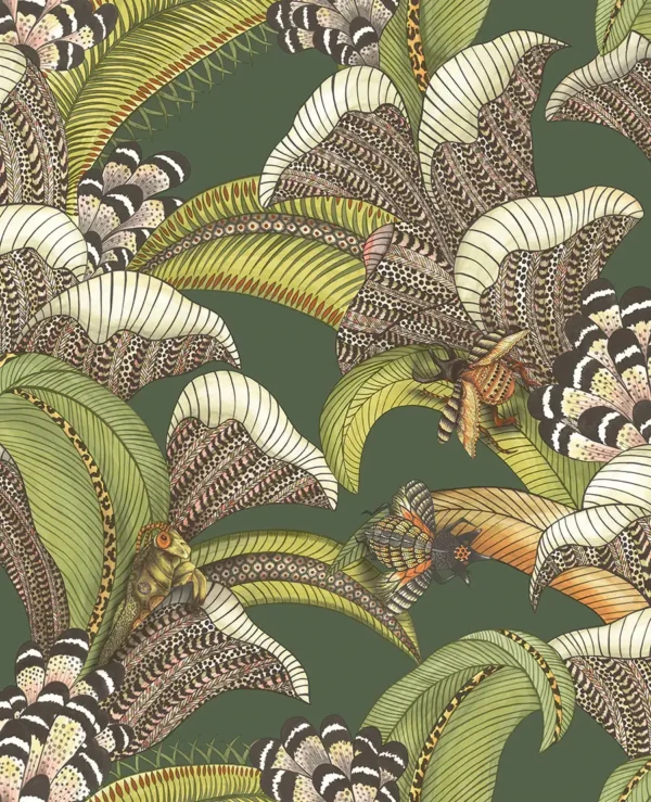 Hoopoe Leaves, Spring Green, Chartreuse & Coral on Forest - Cole & Son