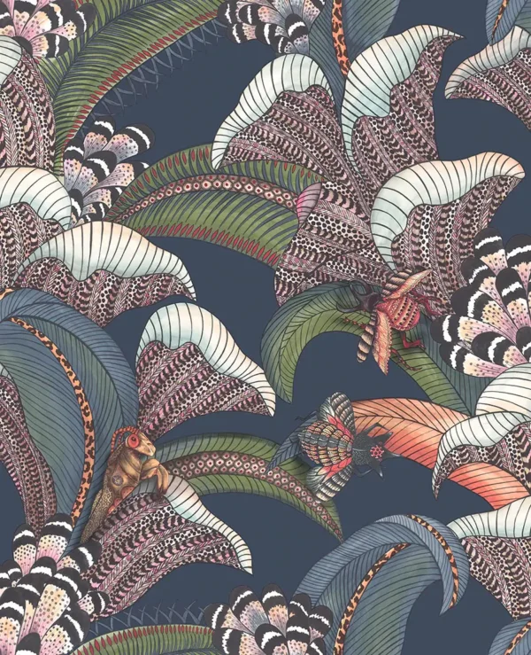 Hoopoe Leaves, Denim, Forest Green & Magenta on Midnight - Cole & Son
