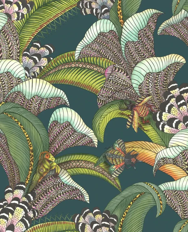 Hoopoe Leaves, Forest Green, Lime & Fuchsia on Dark Viridian - Cole & Son