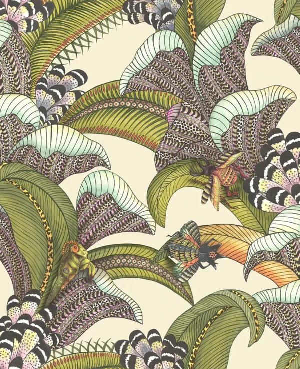 Hoopoe Leaves, Olive, Chartreuse & Fuchsia on Cream - Cole & Son