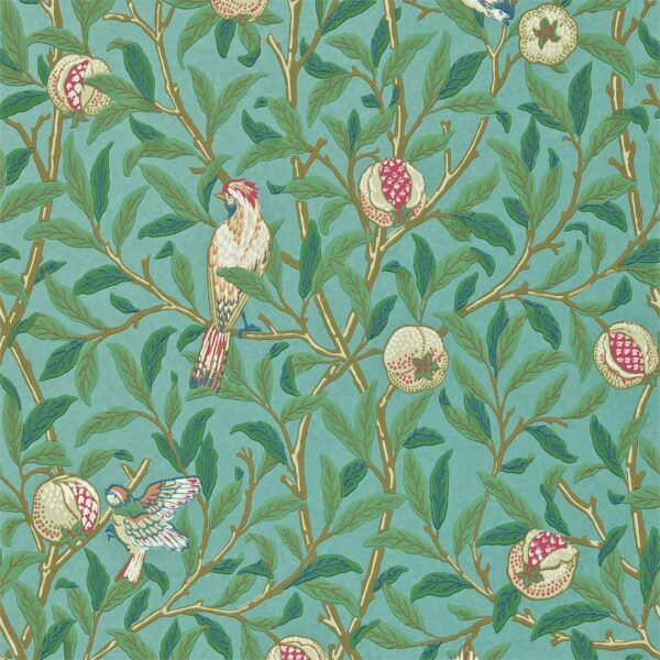 Bird & Pomegranate, Turquoise/Coral - Morris & Co