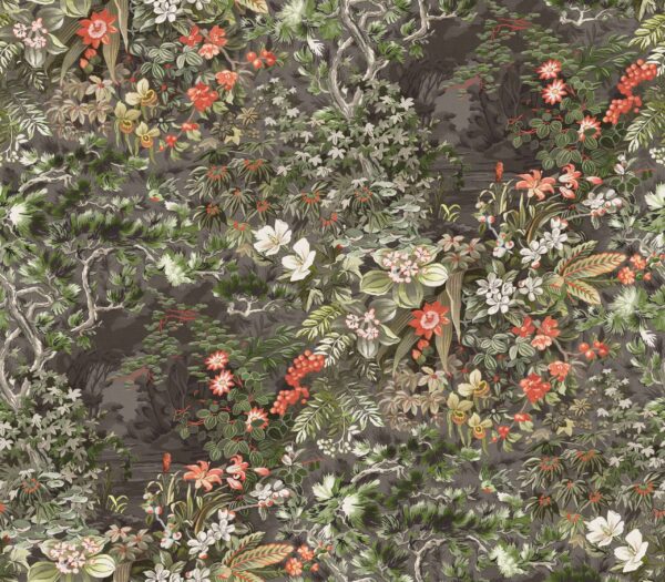 Woodland, Coral & Olive on Soot - Cole & Son